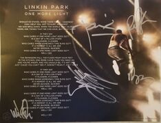One More Light lyrics signed by the remaining 5 members, sent out by Prizeo in 2018